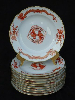 8 Antique Meissen " Red Court Dragon " 9 3/4 " Dinner Plates