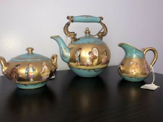 Antique Royal Vienna Porcelain Tea Set With Guilt Mounted Handle Signed Kramer