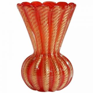 Brilliant Red And Gold Murano Glass Vase By Barovier And Toso Cordonato D 