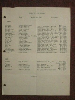 Dial M For Murder - 1954.  Staff Sheet - Grace Kelly - Alfred Hitchcock