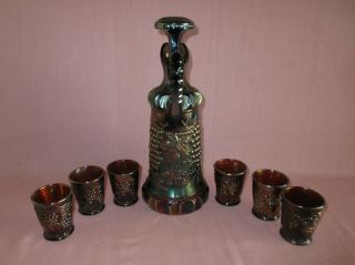 Northwood Carnival Glass Amethyst Grapes & Cable Whisky Decanter 6 Tumblers Rare 2