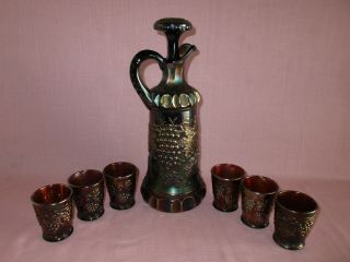 Northwood Carnival Glass Amethyst Grapes & Cable Whisky Decanter 6 Tumblers Rare 3