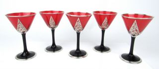 Art Deco Czech Bohemian Cocktail Martini Glasses Sterling Silver Overlay Set (5)