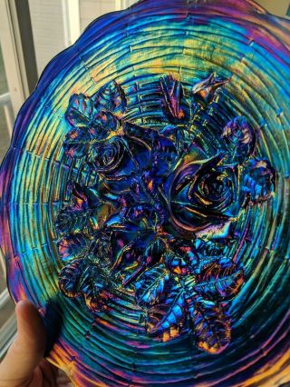 Northwood Electric Blue Rose Show Carnival Glass Plate.  Stunning