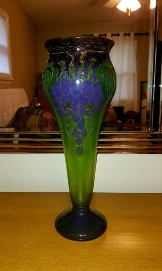 Signed Le Verre Francais 17 3/4inches Purple & Green Cameo Vase