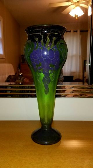 Signed Le Verre Francais 17 3/4inches Purple & Green Cameo Vase 3