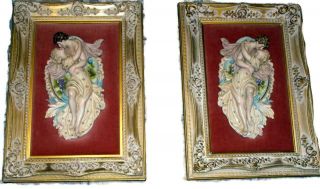 Vintage Victorian Revival Bisque Porcelain Lovers Framed Wall Plaque Set Of Two