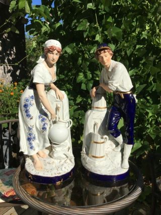 Vintage Royal Dux Large Statues 23” Man & Woman At Water Fountain Bohemia