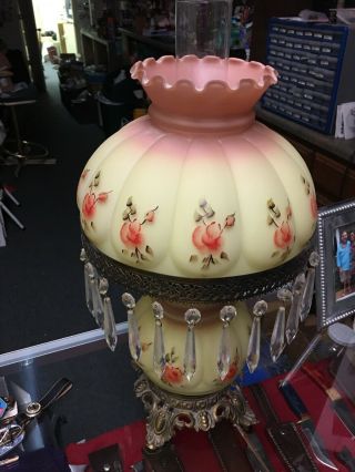 Fenton Hand Painted Lamp With Prisms Lights Top & Bottom 2