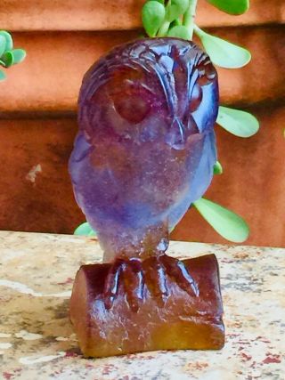 Daum Pate De Verre Crystal 6” Amethyst Blue Amber Edwige Owl Sitting On Stump