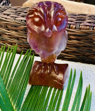 DAUM Pate de Verre Crystal 6” Amethyst Blue Amber EDWIGE Owl Sitting on Stump 2