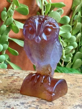 DAUM Pate de Verre Crystal 6” Amethyst Blue Amber EDWIGE Owl Sitting on Stump 3