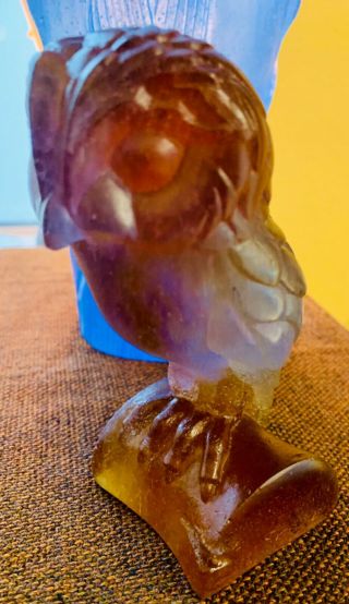 DAUM Pate de Verre Crystal 6” Amethyst Blue Amber EDWIGE Owl Sitting on Stump 4