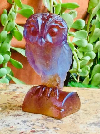 DAUM Pate de Verre Crystal 6” Amethyst Blue Amber EDWIGE Owl Sitting on Stump 5