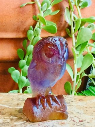DAUM Pate de Verre Crystal 6” Amethyst Blue Amber EDWIGE Owl Sitting on Stump 7