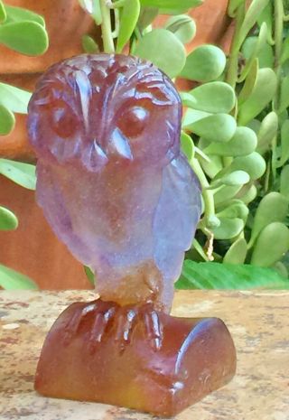 DAUM Pate de Verre Crystal 6” Amethyst Blue Amber EDWIGE Owl Sitting on Stump 9