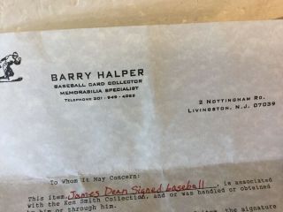 Actor JAMES DEAN Signed Autographed Baseball w/ Barry Halper Letter 11