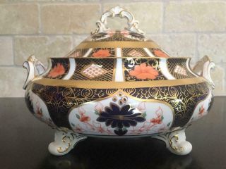 Old Imari 1128 Holiday Tureen Royal Crown Derby Rare Footed Covered Serving Bowl