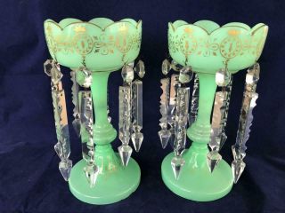 Fine Antique Victorian Green Glass Gilded Mantle Lustre Vases.