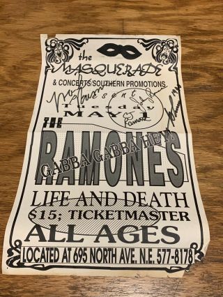 Ramones Signed Paper Poster May 1 1990 Atlanta Ga Masquerade Mark - Cj - Johnny - Joey