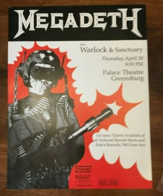 1988 Megadeth Warlock Sanctuary Metallica Tour Concert Poster Rare Greensburg