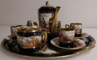 ROYAL VIENNA PORCELAIN ROYAL BLUE TEA SET WITH TRAY 1800 ' S SERENADING COURTESANS 12