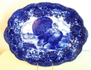 Antique Ridgway Staffordshire Flow Blue Turkey Platter & 12 Dinner Plates 5