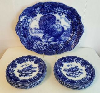 Antique Ridgway Staffordshire Flow Blue Turkey Platter & 12 Dinner Plates 6