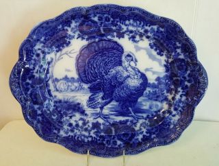 Antique Ridgway Staffordshire Flow Blue Turkey Platter & 12 Dinner Plates 7