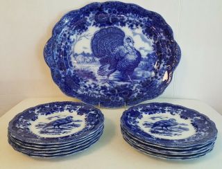Antique Ridgway Staffordshire Flow Blue Turkey Platter & 12 Dinner Plates 8