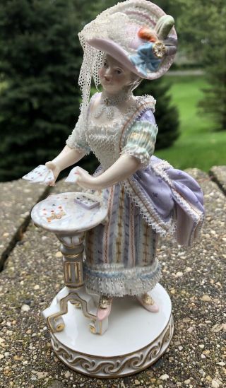 Meissen Antique Figurine Table Cards Porcelain Lace Purple Dress Rare