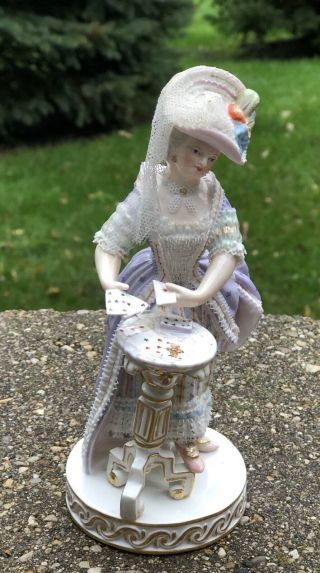 Meissen Antique Figurine Table Cards Porcelain Lace Purple Dress RARE 6