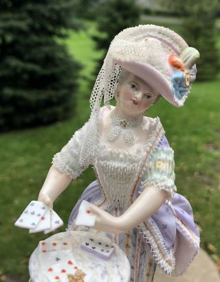 Meissen Antique Figurine Table Cards Porcelain Lace Purple Dress RARE 9