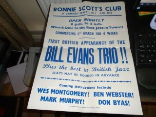1965 Bill Evans Trio Large V Rare Poster 1st British App Ronnie Scott 