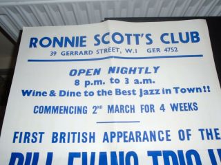 1965 Bill Evans Trio Large V Rare Poster 1st British App Ronnie Scott ' s 3
