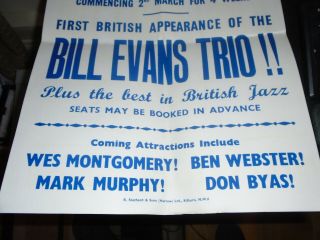 1965 Bill Evans Trio Large V Rare Poster 1st British App Ronnie Scott ' s 5