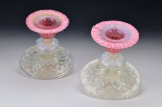Lct Tiffany Favrile Pastel Pink & Opalescent Art Glass Candlesticks