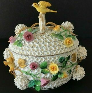 Vintage Meissen Porcelain Schneeballen Round Box W/lid & Applied Flowers & Birds