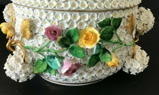 Vintage Meissen Porcelain Schneeballen Round Box W/Lid & Applied Flowers & Birds 3