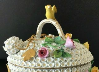 Vintage Meissen Porcelain Schneeballen Round Box W/Lid & Applied Flowers & Birds 5