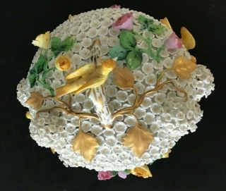 Vintage Meissen Porcelain Schneeballen Round Box W/Lid & Applied Flowers & Birds 7