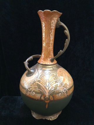 Antique Ktk Lotus Ware Parmian Vase With Hand - Painted Decor Dk Green/gold Trim