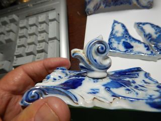 Germany Prussia flow blue 4 piece porcelain desk set neat old estate 2