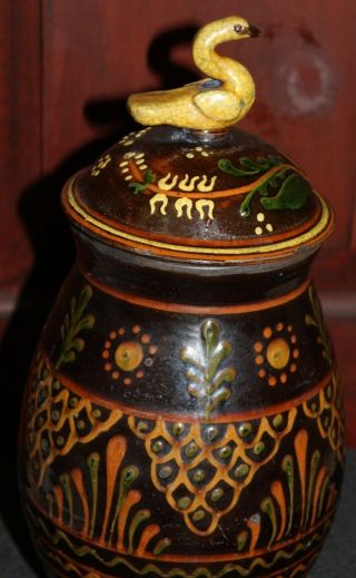Rare Greg Shooner Redware Pottery Jar With Duck Finial Lid