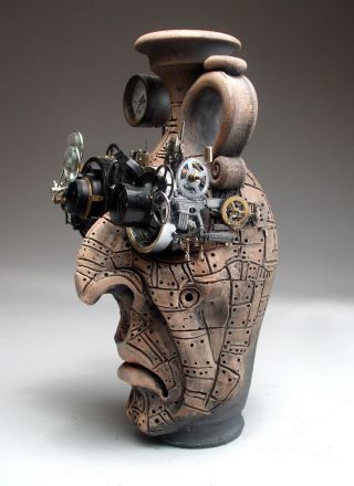Mad Scientist Face Jug Pottery folk art steampunk sculpture by Mitchell Grafton 10