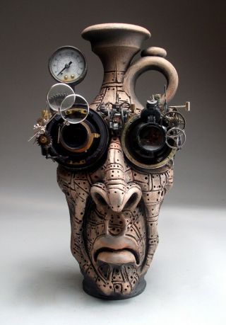 Mad Scientist Face Jug Pottery folk art steampunk sculpture by Mitchell Grafton 11