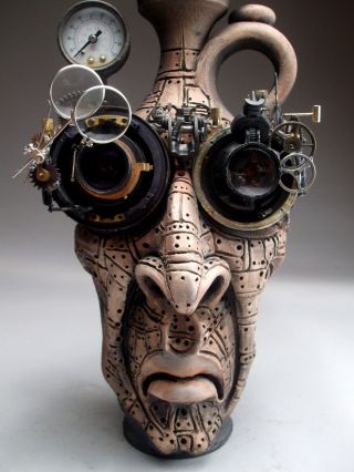 Mad Scientist Face Jug Pottery folk art steampunk sculpture by Mitchell Grafton 12