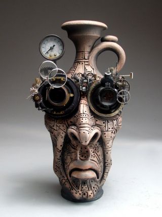 Mad Scientist Face Jug Pottery Folk Art Steampunk Sculpture By Mitchell Grafton