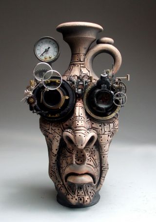 Mad Scientist Face Jug Pottery folk art steampunk sculpture by Mitchell Grafton 2