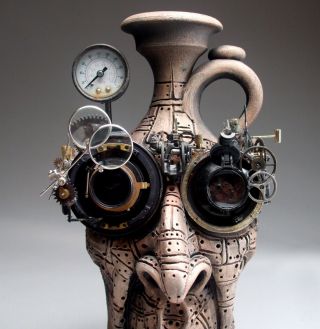 Mad Scientist Face Jug Pottery folk art steampunk sculpture by Mitchell Grafton 3